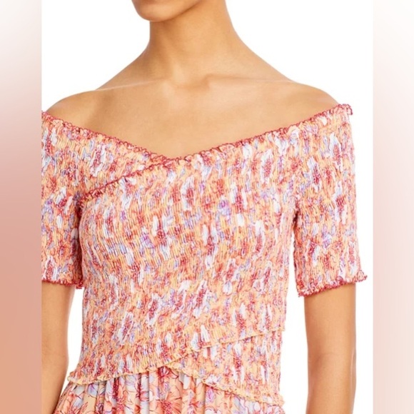 Poupette St Barth Soledad Dress in Yellow Dahlia Size Small Smocked Off Shoulder - Picture 2 of 12